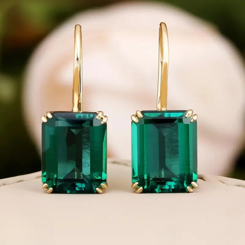 Green Rectangular Stone Drop Earrings in Gold Colour