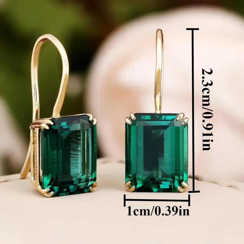 Green Rectangular Stone Drop Earrings in Gold Colour