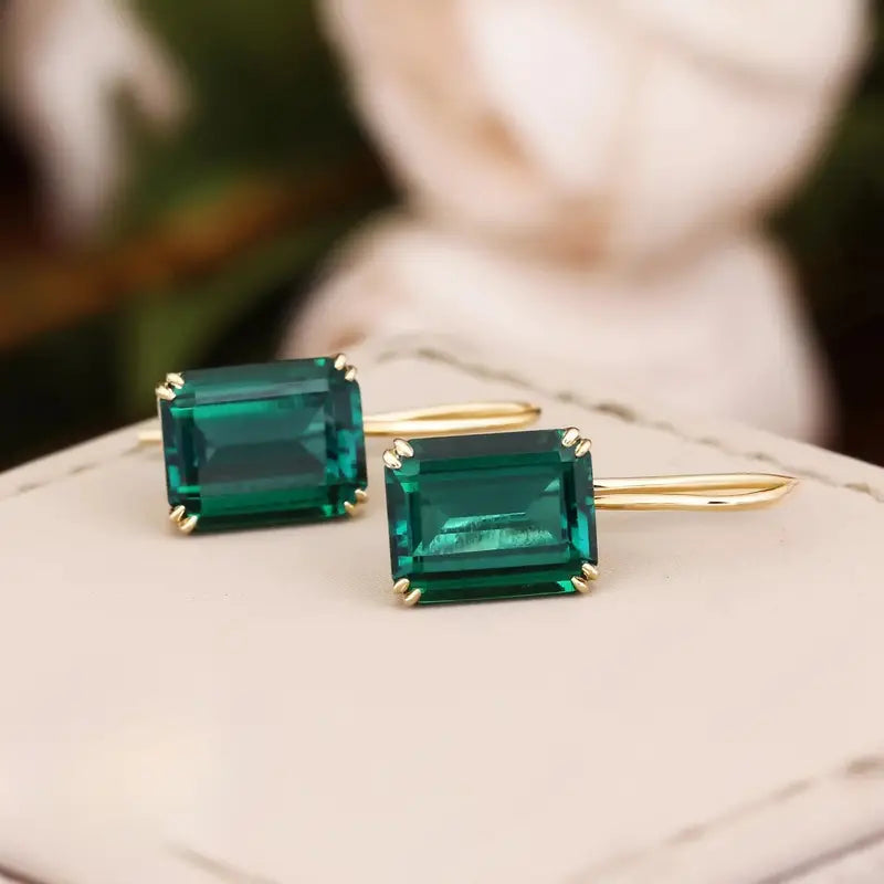 Green Rectangular Stone Drop Earrings in Gold Colour