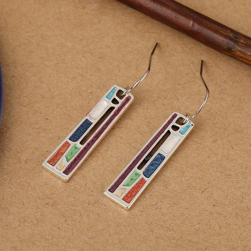 Vintage-Style Colourful Enamel Bar Earrings in Silver Colour