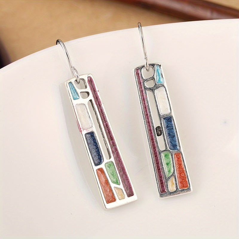 Vintage-Style Colourful Enamel Bar Earrings in Silver Colour