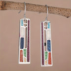 Vintage-Style Geometric Enamel Rectangle Earrings in Silver Colour