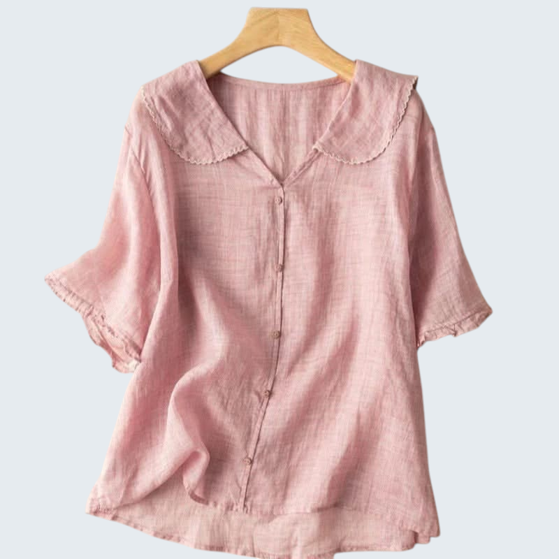 Linen Blouse with Scalloped Collar and Relaxed Fit