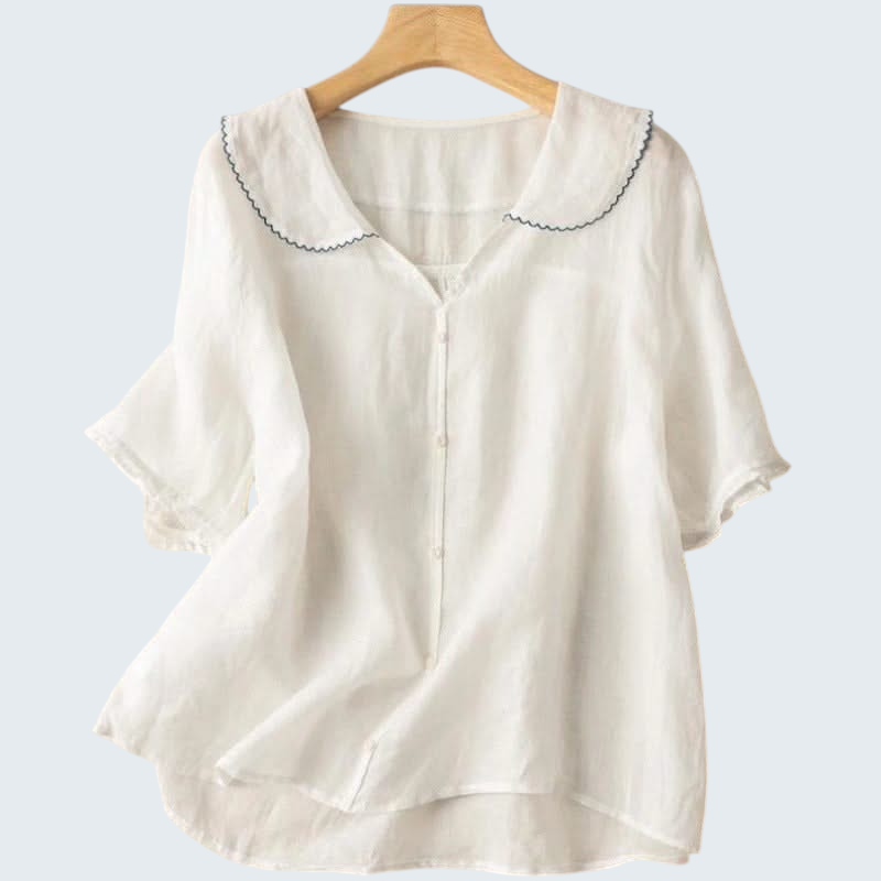 Linen Blouse with Scalloped Collar and Relaxed Fit