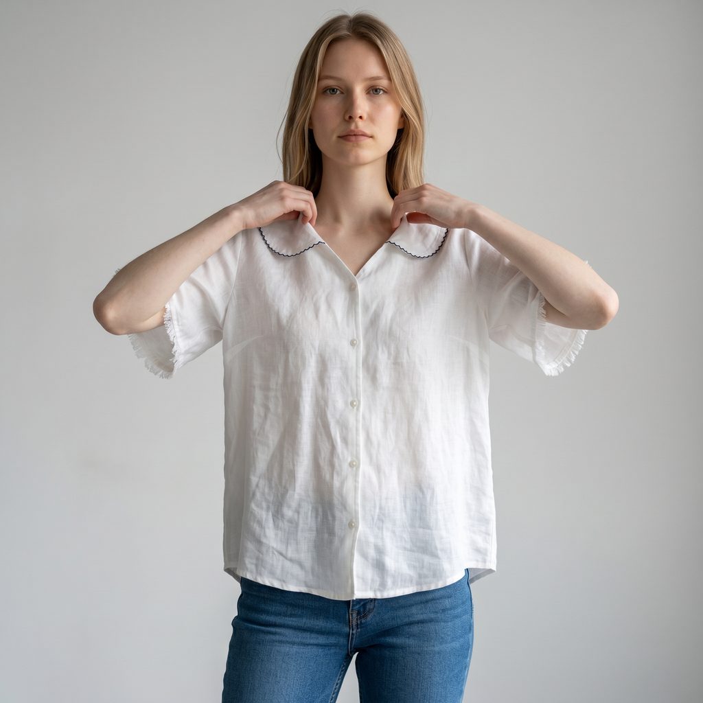 Linen Blouse with Scalloped Collar and Relaxed Fit