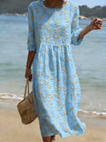 Plant and Flower Print Midi Dress with Round Neck