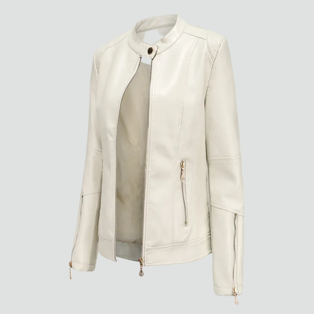 Faux Leather Biker Jacket with Stand Up Collar