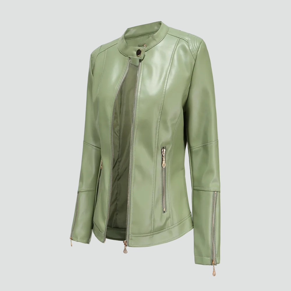 Faux Leather Biker Jacket with Stand Up Collar