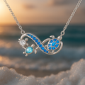 Double Turtle Pendant Necklace with Blue Crystals in Silver Colour