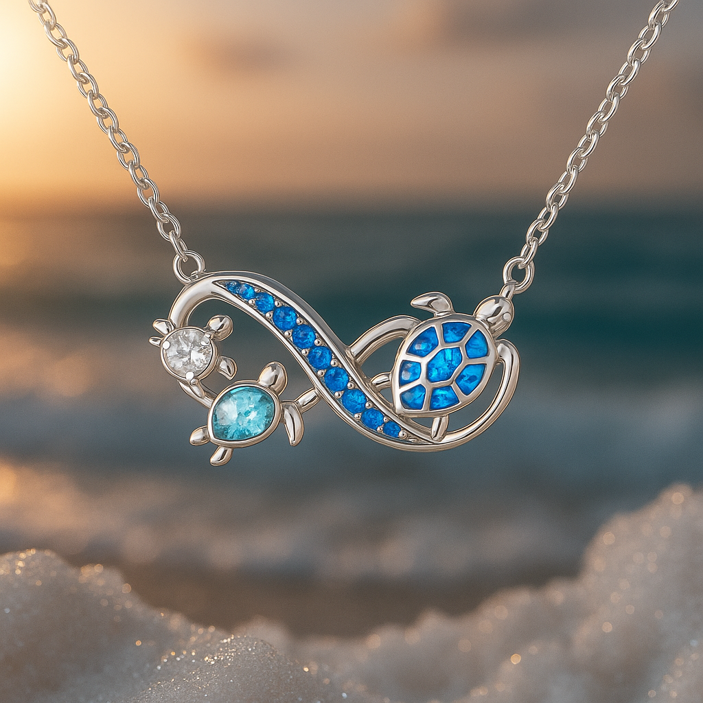 Double Turtle Pendant Necklace with Blue Crystals in Silver Colour