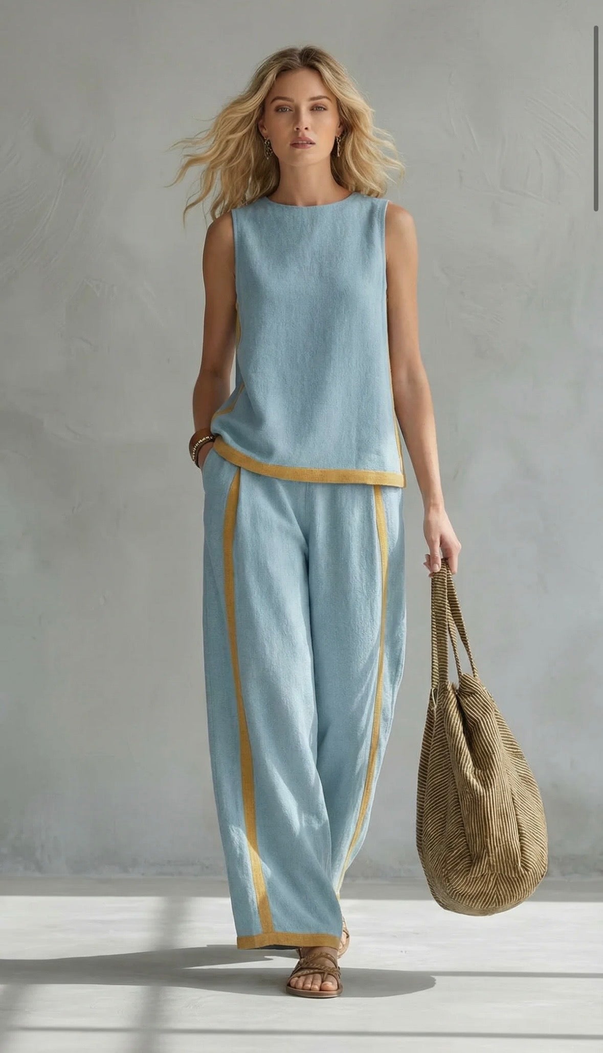 Checked Sleeveless Two Piece Set with Wide Leg Trousers
