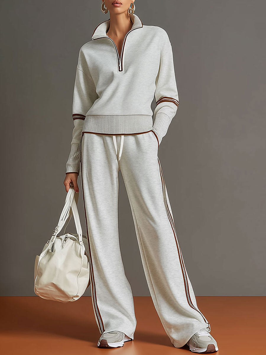 Striped Two Piece Set with Blouse and Wide Leg Trousers