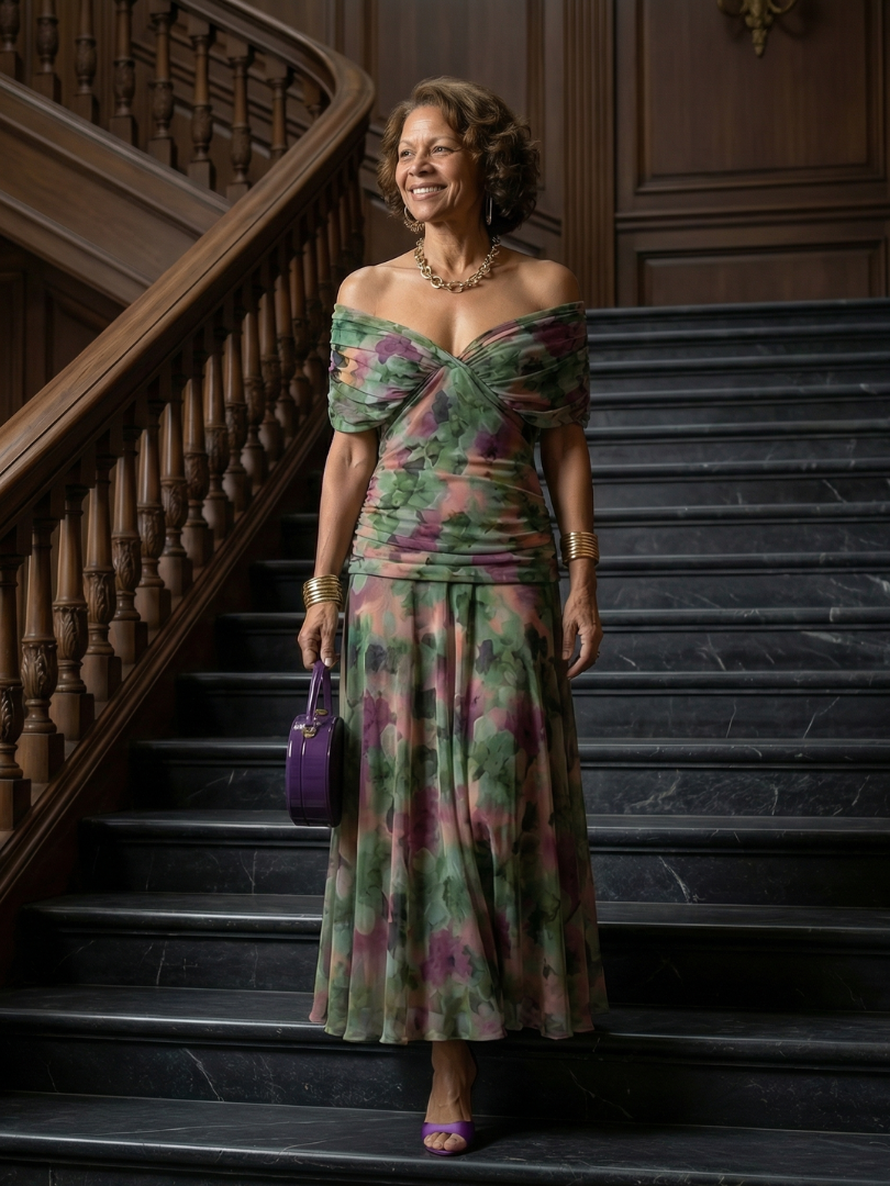 Off Shoulder Midi Dress with Draped Neckline