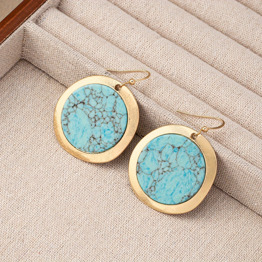Vintage Bohemian Round Blue-Green Stone Earrings with Earthy Tone