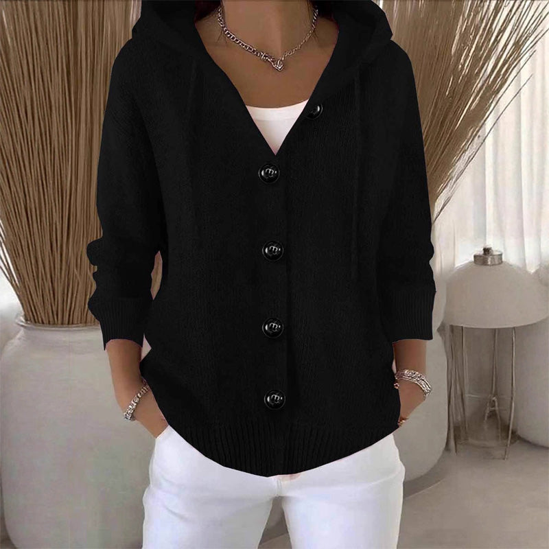 Hooded Knit Cardigan with Front Buttons
