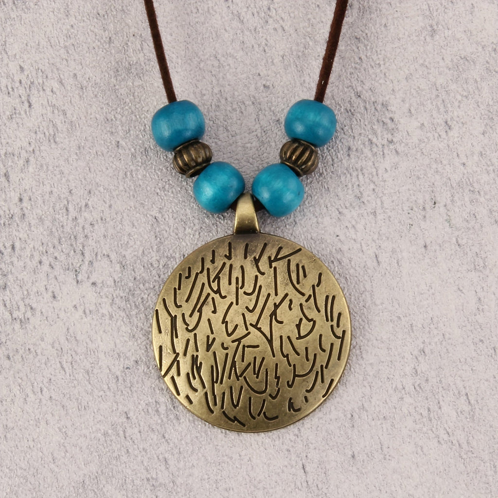 Vintage Zodiac Wooden Bead Pendant Necklace with Natural Texture