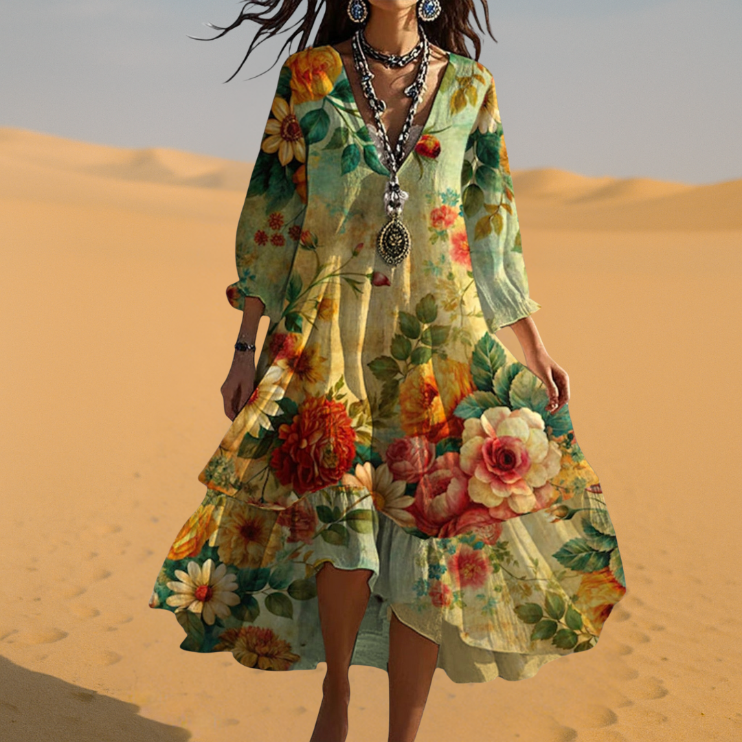 Boho sommarklänning med blommönster och V-ringning