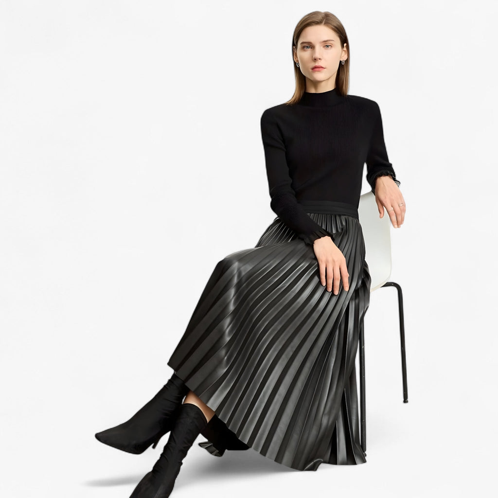 Pleated Eco-Leather Skirt with Elastic Waist for Day to Night