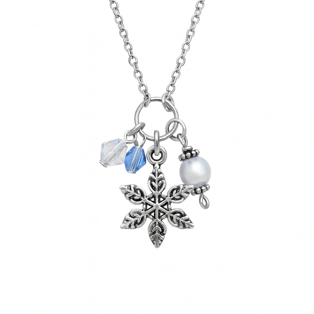 Snowflake Pendant Necklace with Faux Pearl in Silver Colour