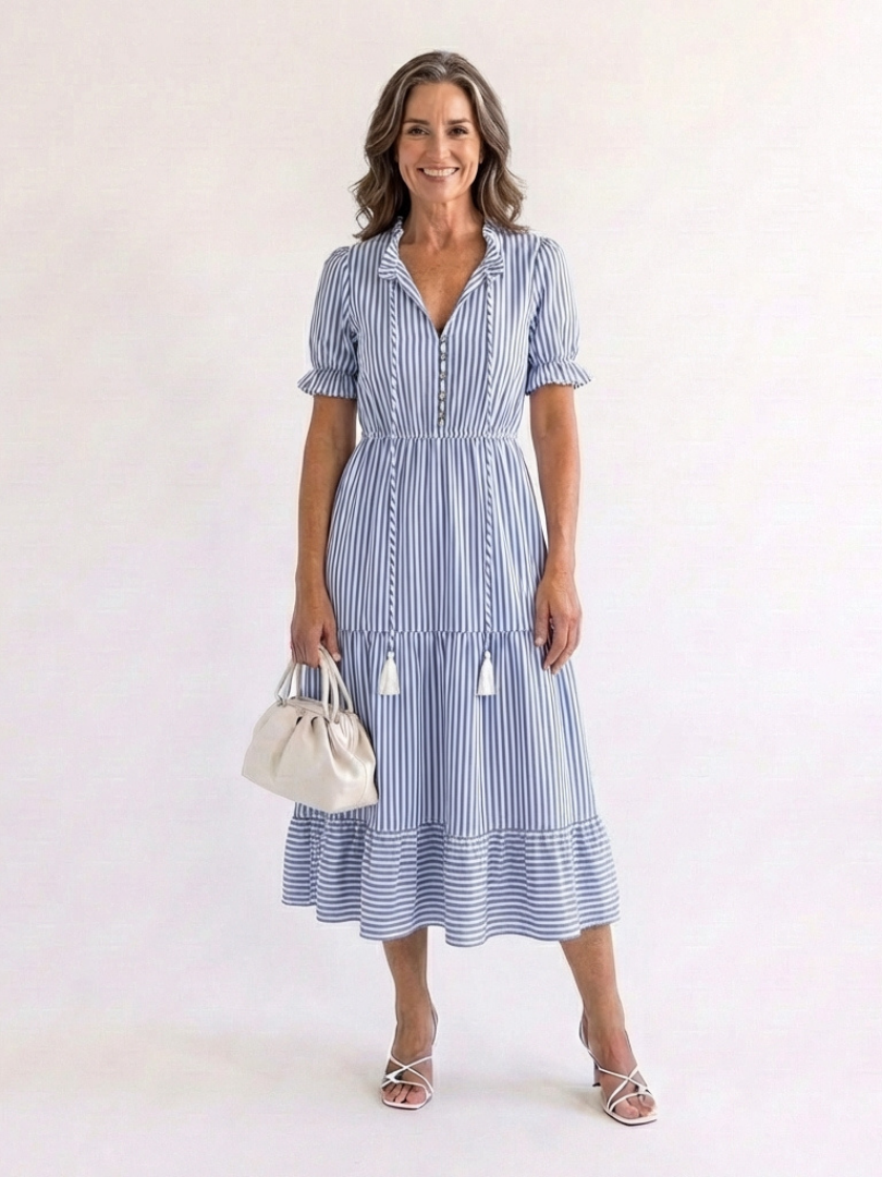 Striped Tiered Midi Dress with Gathered Waist