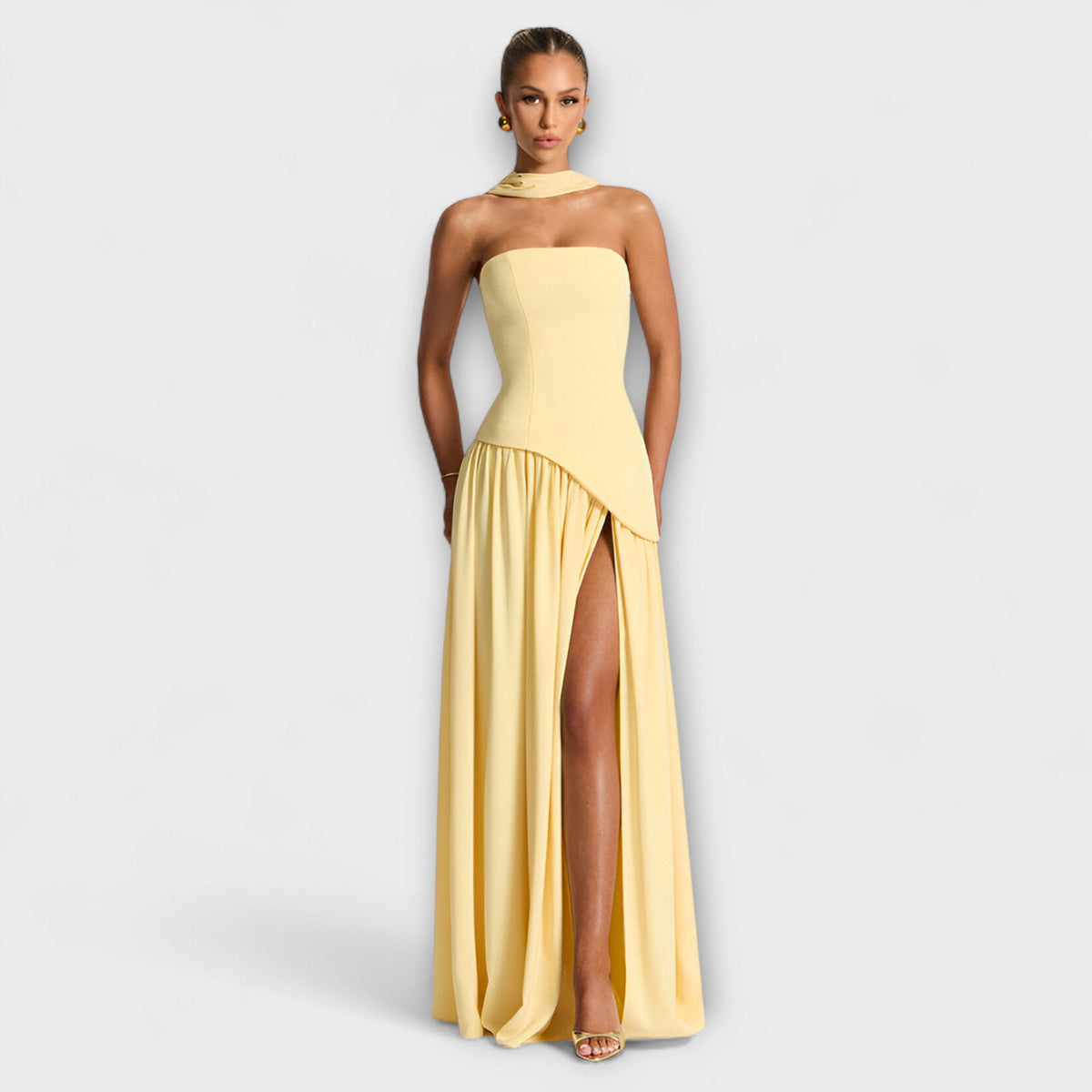 Strapless Maxi Dress with Contrast Bodice and Side Slit