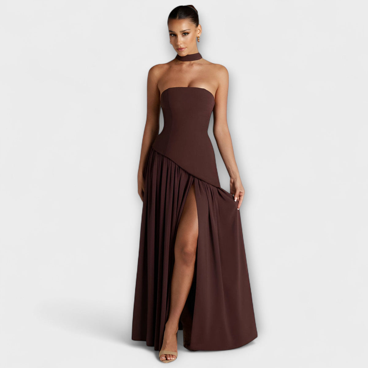 Strapless Maxi Dress with Contrast Bodice and Side Slit