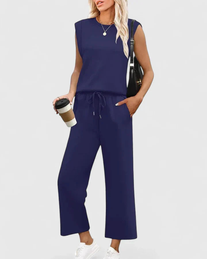 Sleeveless Two Piece Set with Wide Leg Trousers and Pockets