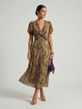 Floral Midi Dress with Wrap Bodice and Short Sleeves