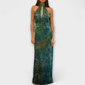 Vestido largo de gasa con estampado de lirios y escote alto