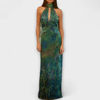 Vestido largo de gasa con estampado de lirios y escote alto