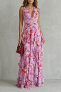 Floral Halter Maxi Dress with an Elegant Layered Detail