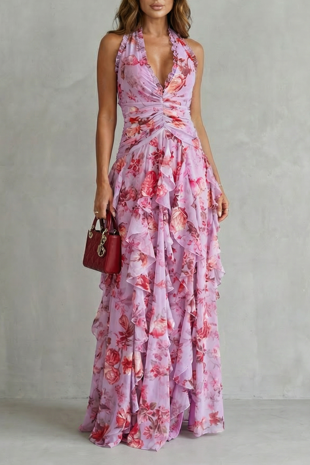 Floral Halter Maxi Dress with an Elegant Layered Detail