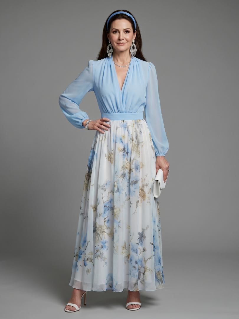 Floral Print Maxi Dress with Sheer Sleeves and V-Neck