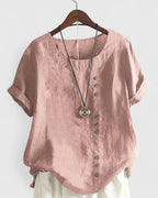 Short Sleeve Button Down Blouse with Round Neckline