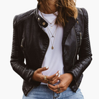 Leather Look Jacket with Defined Seams and Notched Neckline