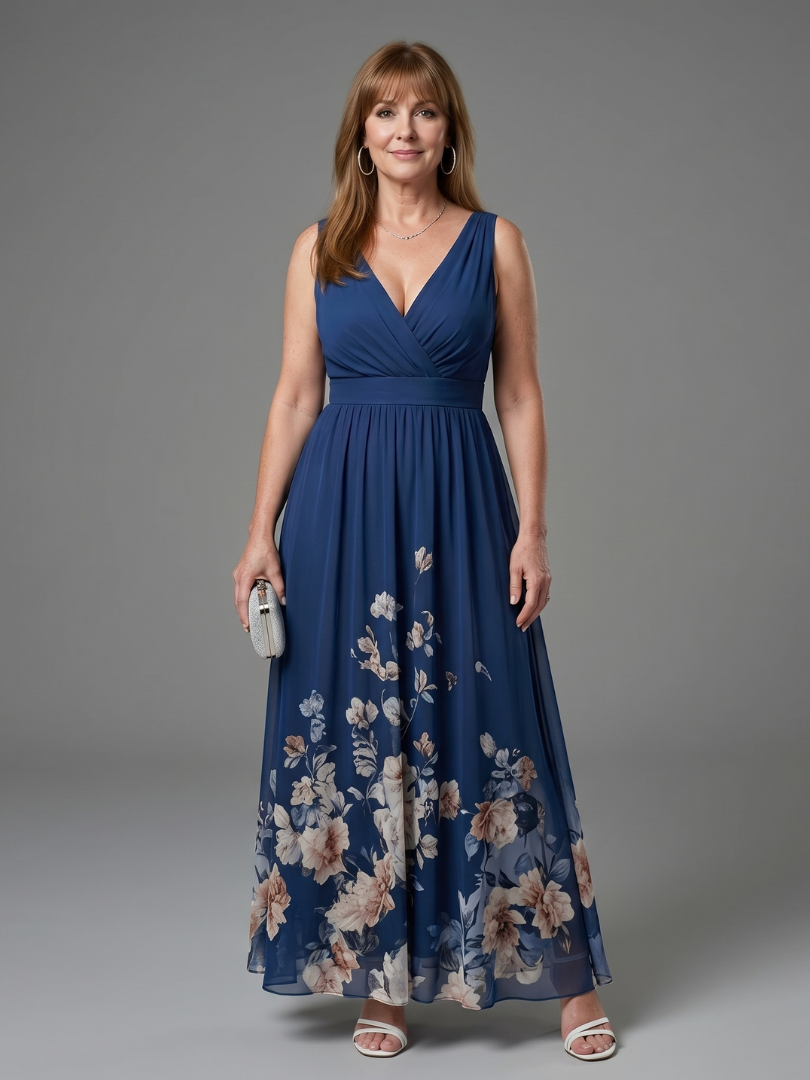 Sleeveless V-Neck Floral Print Midi Dress