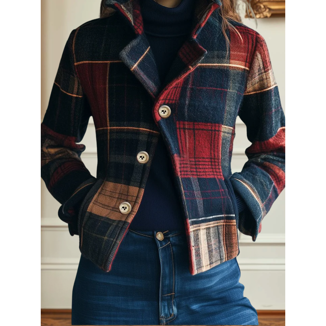 Plaid Jacket with Stand Collar and Button Front