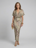 Abstract Print V-Neck Midi Dress with Twist Waist