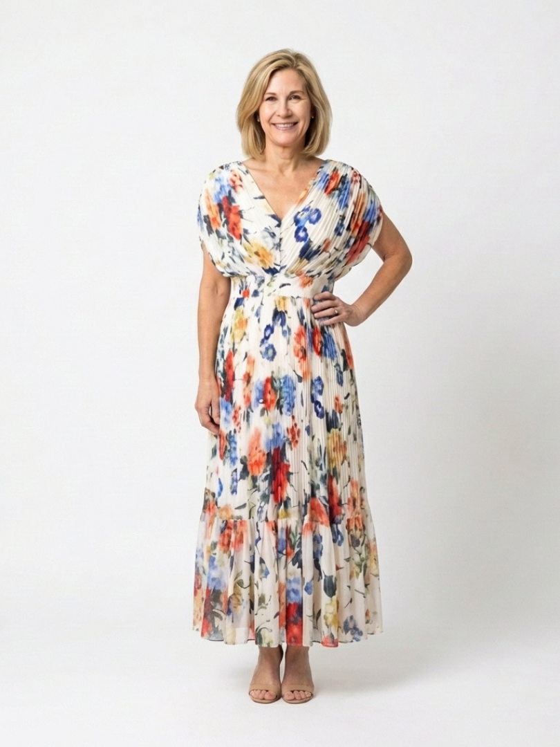 Vestido midi floral plisado con escote de pico
