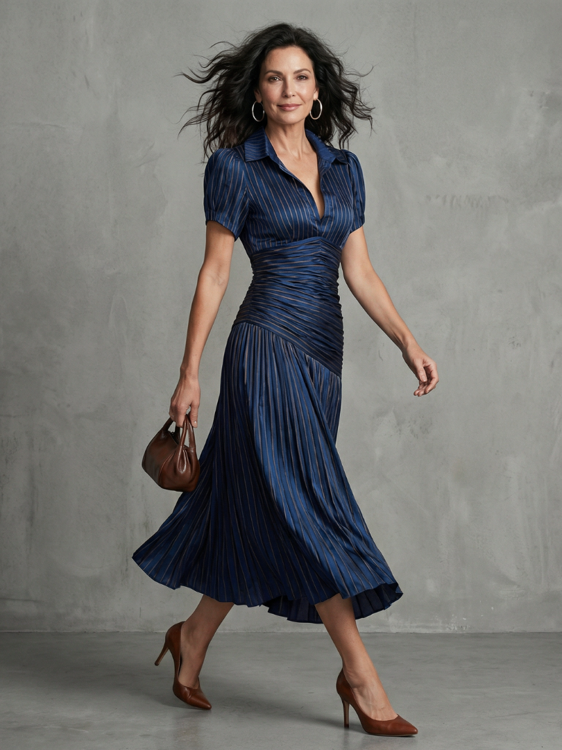 Striped Pleated Midi Dress with Fitted Bodice
