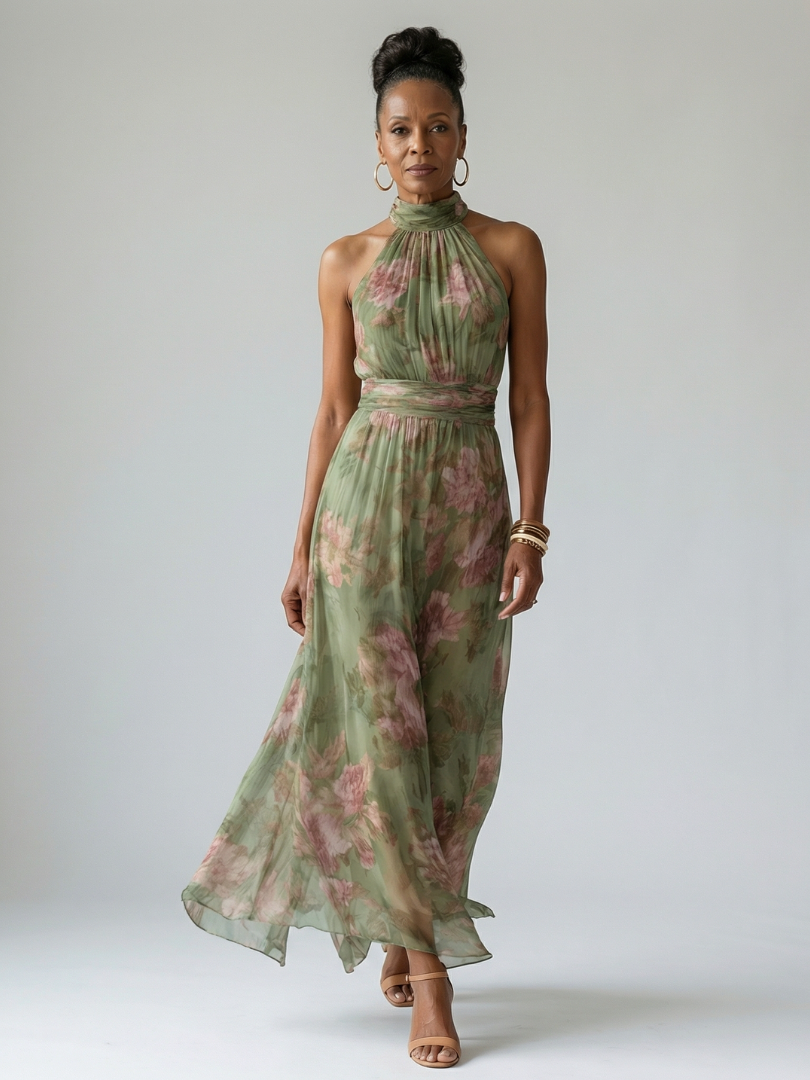 Floral Halter Midi Dress with Gathered Bodice