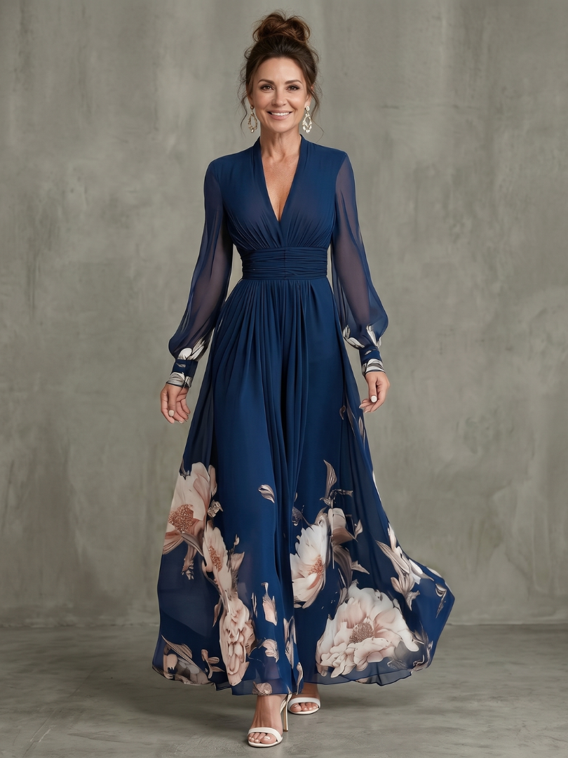 Pleated Maxi Dress with Sheer Sleeves and Ruched Bodice
