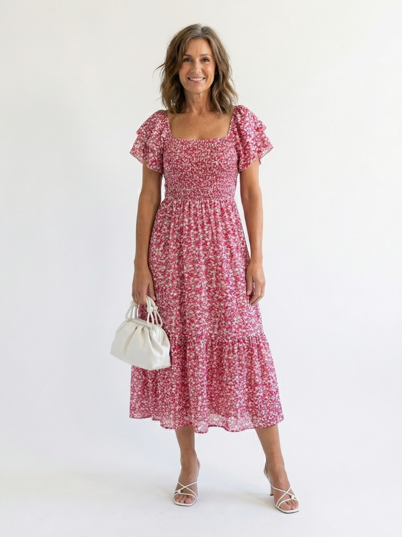 Off shoulder-midiklänning med blommönster och smockat liv