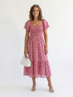 Off shoulder-midiklänning med blommönster och smockat liv