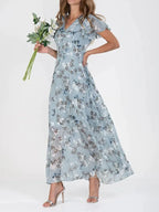 Floral Maxi Dress with V Neck and Short Sleeves