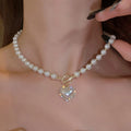 Faux Pearl Bead Necklace with Heart Pendant in Gold Colour