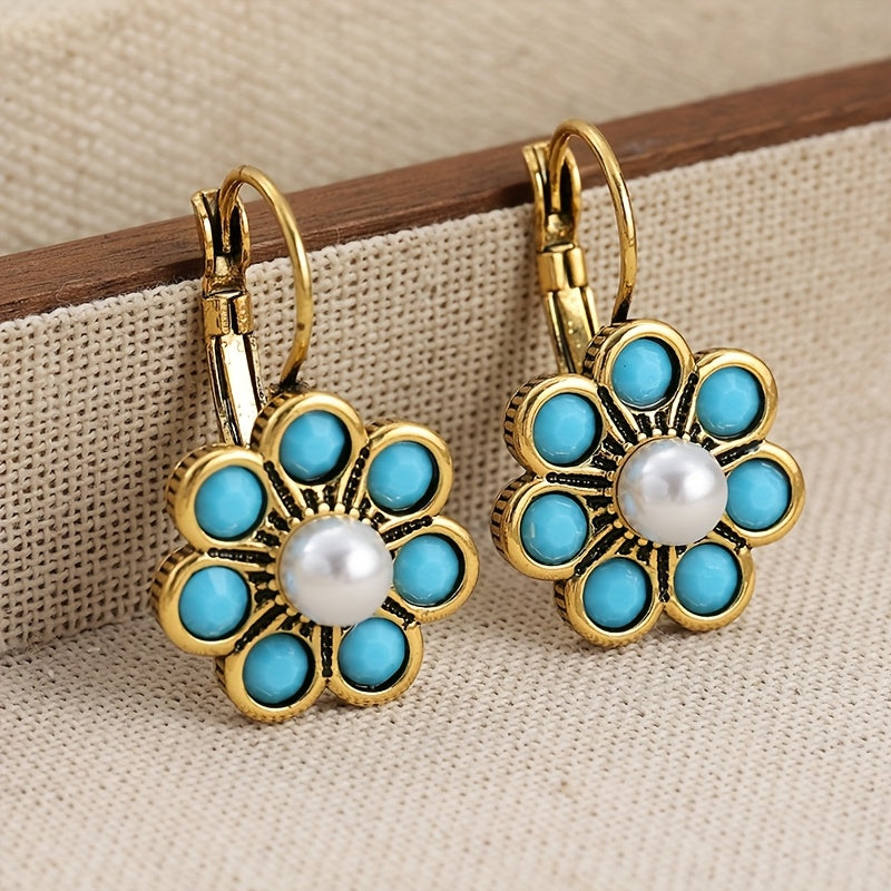 Blue-Green Stone and Faux Pearl Flower Earrings in Gold Colour