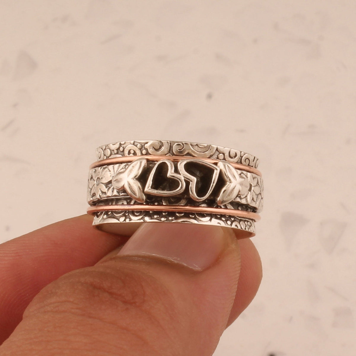 Butterfly and Heart Spinner Ring in Silver Colour with Moving Band
