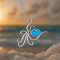 Octopus Pendant Necklace with Iridescent Blue Stone in Silver Colour