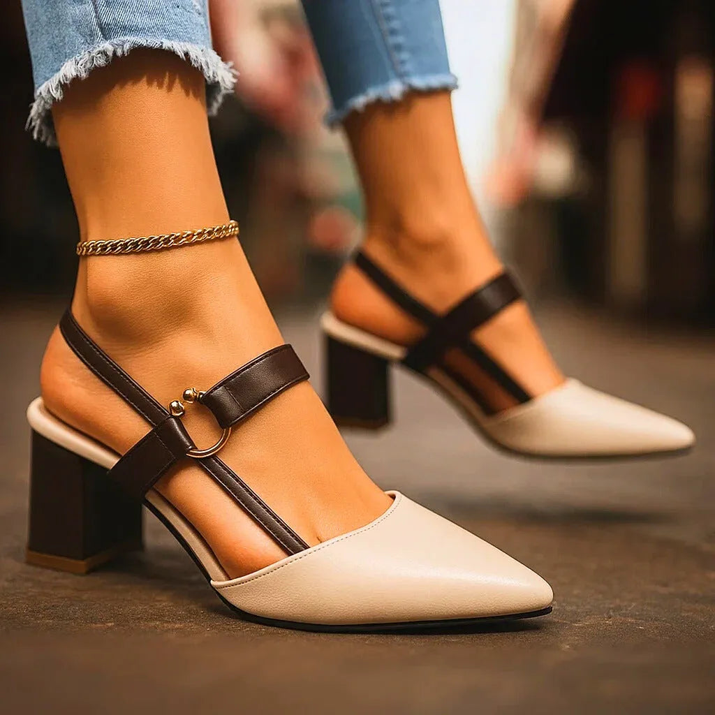 Block Heel Slingback Shoes with Gold Ring Detail